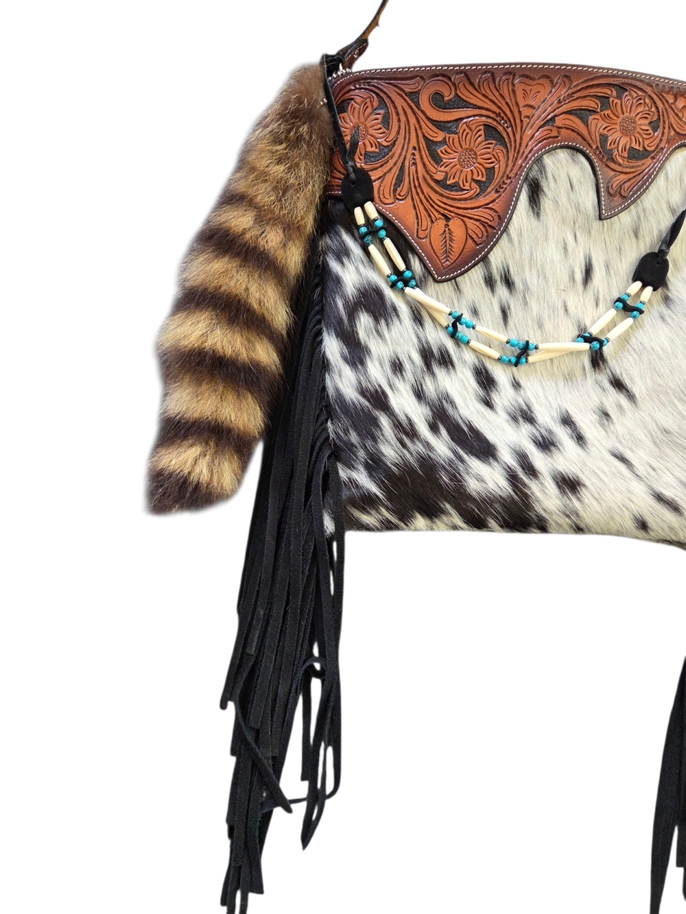 Rafter T Hair On Hide Cowhide Western Cowgirl Rodeo Fringe Crossbody Purse - Picture 7 of 7